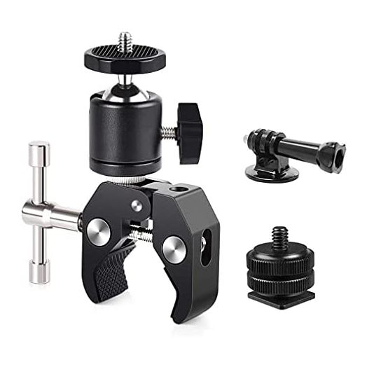 Camera Super Clamp Mount with Ball Head Mount Hot Shoe Adapter with 1/4 Thread for GoPro Hero 10 9 8 7 6 5 4,DJI Action Cameras, LCD Field Monitor LED Lights 360° Motorcycle Camera Mount