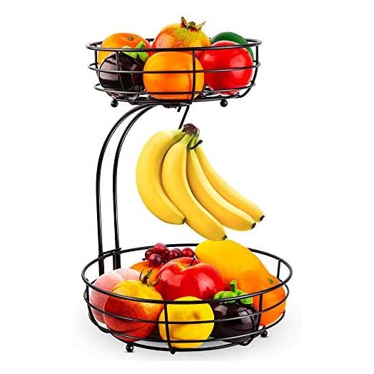 Auledio 2-Tier Countertop Fruit Vegetables Basket Bowl Storage With Banana Hanger, Black