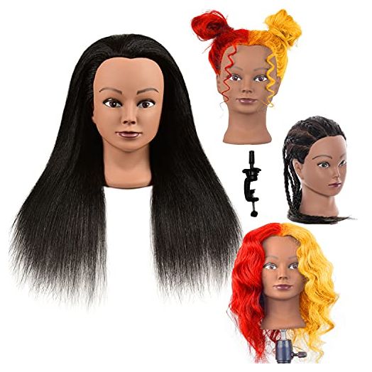100% Real Hair Professional Mannequin Head, Cosmetology Manikin Practice Head, Upgrade Hairdresser Cosmetology Training Head For Styling Braid Curl Cut Practice (20'')