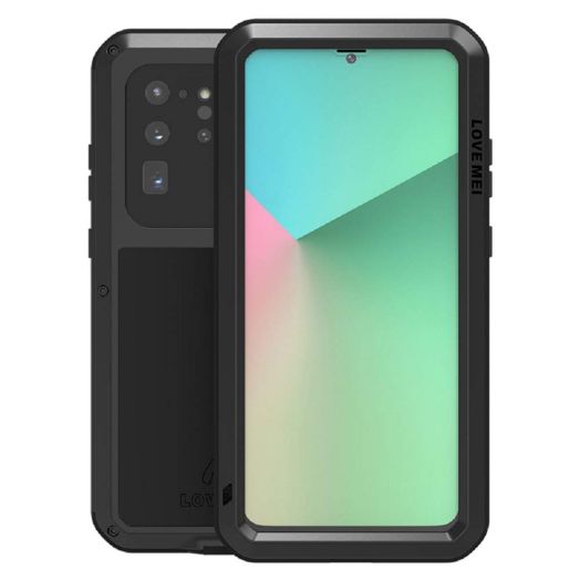 LOVE MEI for Samsung Galaxy S20 Ultra Case, Shockproof Anti-Scratch Hybrid Aluminum Metal and Silicone Gel Heavy Duty Tank Case with Tempered Glass Screen Protector for Samsung S20 Ultra (Black)