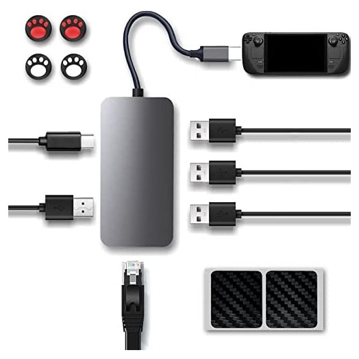 Steam Deck Dock, AOLION 6 in 1 Steamdeck 4K TV Docking Station USB C Hub Multiport Adapter with HDMI / USB 3.0 / Type C / Ethernet Port, 2 Protect Sticker and 4 Thumb Grip Caps for Stream Deck Console