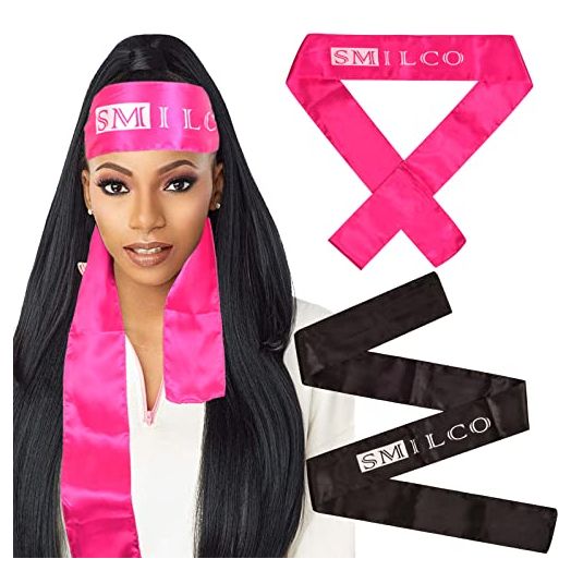 2 Pack Satin Edge Laying Scarf Wrap for Hair Edge Wrap Wig Grip Band 58 X 3 Inches Edge Control Scarf for Women Lace Frontal Wigs Makeup Facial Sport Yoga (2 Pack, Black+Pink)