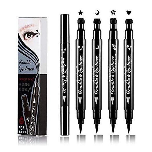 Double-headed Eyeliner Stamp Winged,Waterproof and Smudge proof 4 Pens Eyeliner Stamp. Perfect Wing Cat Eye Stamp, Long Lasting Liquid Eye Liner, Hypoallergenic and Easy to Use(Heart/Moon/Star /Flowers )