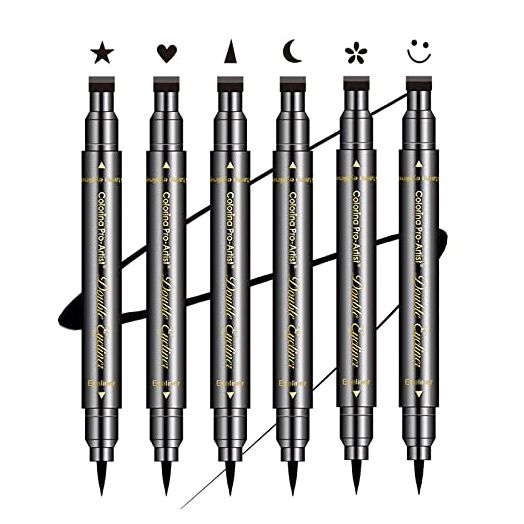 Sumeitang 6 Pcs Double-headed Eyeliner Stamps Set Black Liquid Eye Liner Pen With Star,Moon,Heart,Flower,Smiley,Triangle Stamp Stencils Shapes for Women Makeup Kit Long-Lasting Waterproof Smudgeproof
