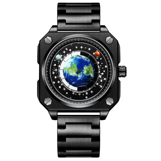 MINILUJIA 30M Waterproof Men Map Watches Creative Wristwatch with Earth Moon Sun Rotating Eye-catching Cool Unique Square Dial Mens Watches with Gift Box (Black Stainless Steel Band)