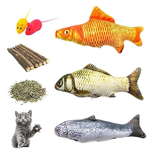 Cat Toys Catnip Toys Assortments, 3 Refillable Catnip Fish, 6 Catnip Matatabi Chew Sticks, 2 Squeaky Mouse, with Extra Catnip for Refill, Best for Cat, Kitty, Kitten, Puppy(Pack of 11)