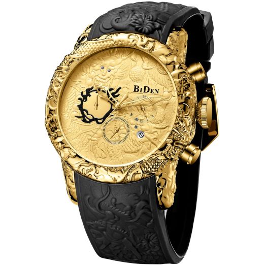 BIDEN Mens Watches Chronograph Gold Big Face Waterproof Date Analog Quartz Watch 3D Dragon Designer Wrist Watches for Men Rubber Strap