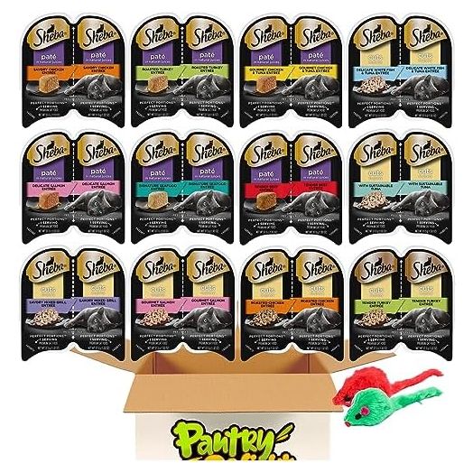 Sheba Wet Cat Food Perfect Portions Pate & Cuts in Gravy Variety Pack - All Flavors, Beef, Chicken, Salmon, Turkey, Tuna, White Fish, Mixed Grill - (12 Pack 24 Servings) with 2 Mouse Cat Toys