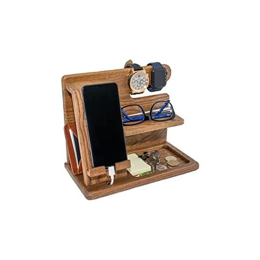 Natural Wood Phone Docking Station Key Holder Wallet Stand Watch Organizer Men Gift Nightstand Travel Idea for Gadgets (Natural Ash)
