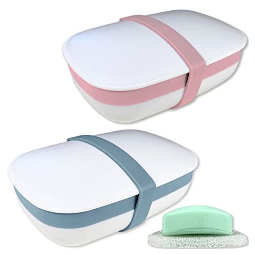 Kiasona 2Pack Travel Soap Holders, Soap Bar Box Dish Container Case ,with Sponge Saver& Band ,for Travel (Blue & Pink)