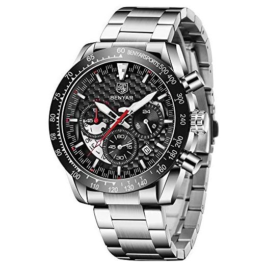 BENYAR Men Watch Fashion Chronograph Analog Quartz 30M Waterproof Business Casual Sport Stainless Steel Band Wrist Watch Clock Timepiece Gifts for Father,Son,Friend