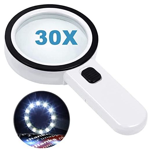 Magnifying Glass with 12 LED Lights, 30X Double Glass Lens Handheld Illuminated Magnifier Reading Magnifying