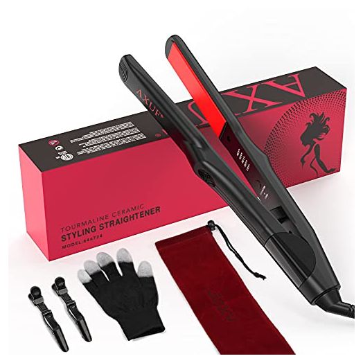 AXUF Professional Hair Straightener,Flat Iron for Hair with 5s Fast Heating & 5 Temp Setting ,Hair Straightener and Curler 2 in 1 for All Hairstyles, 1-inch Dual Voltage,Gifts for Women, Black/Red