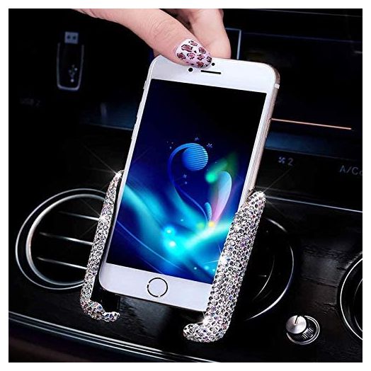 Bling Car Phone Holder Mini Car Dash Air Vent Automatic Phone Mount Universal 360°Adjustable Crystal Auto Car Stand Phone Holder Car Accessories for Women and Girls (White)