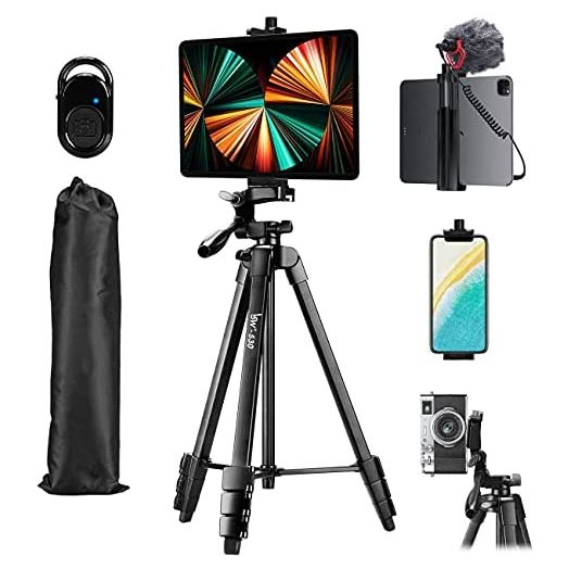 Tripod, Lusweimi 60-Inch Camera Tripod for iPad pro & iPhone Compatible with Tablet/iPad Pro 12.9 inch/Webcam/Video Camera, iPad Pro Tripod Stand with Wireless Remote & Bag for Vlog/Video/Photography