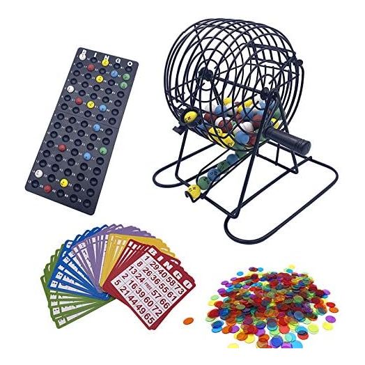 Deluxe Bingo Game Set with 6 Inch Cage, Master Board,75 Colored Balls a Bag, 50 Cards, and 500 Color Mix Chips Ideal for Large Groups