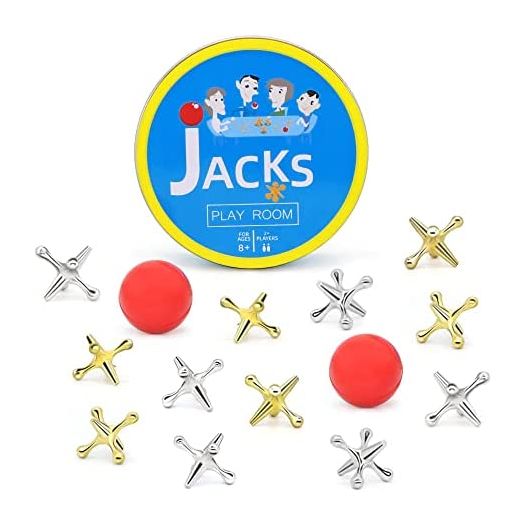 Jacks Game with Ball, Metal Jax and Ball Set Games for Kids, 2 Balls Set 12 Jacks