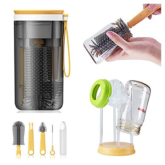 Travel Baby Bottle Drying Rack with Bottle Cleaning Brush Set and Bottle Dryer,Baby Bottle Brush,Nipple Brush and Straw Brush for Baby Bottle Cleaning,Yellow
