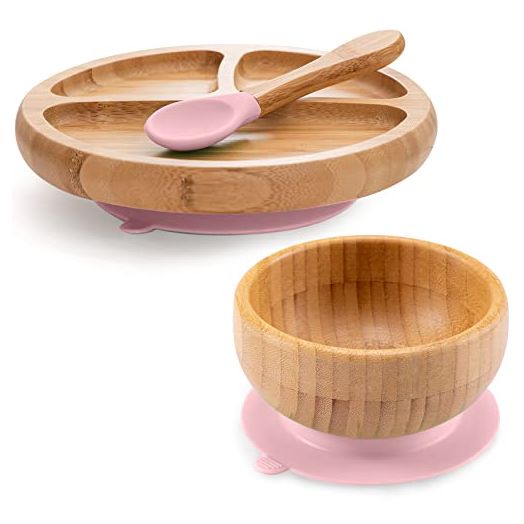 Toddler Bamboo Plates, Bowls and Spoon Set - Wooden Feeding Utensils for Infant’s Easy Self Eating at 1 Stage - Stay Put Silicone Suction Plate and Bowl and Soup Spoon for Baby Led Weaning - BPA Free