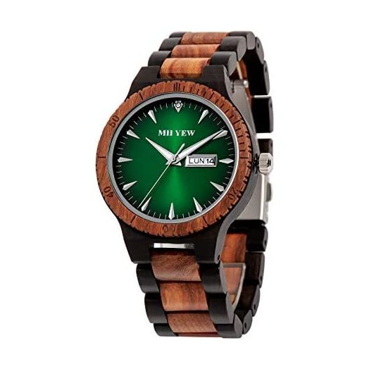MII YEW Men's Wooden Watch Lightweight Analog Quartz Handmade Wood Watches Green Dial with Date