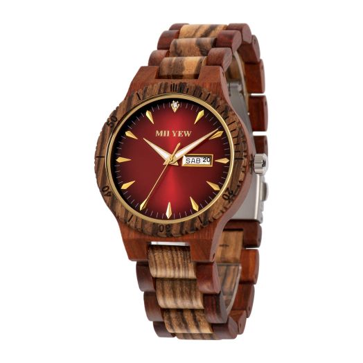 MII YEW Men's Wooden Watch Lightweight Analog Quartz Handmade Wood Watches Red Dial with Date (red)