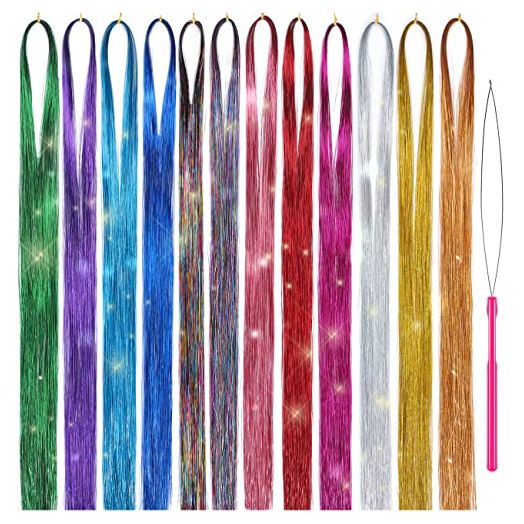 Hair Tinsel Kit Strands With Tool 47 Inch 12 Colors 2100 Strands Fairy Hair Tinsel Kit Hair Extensions Sparkling Glitter Shiny Silk Tinsel (12 colors)