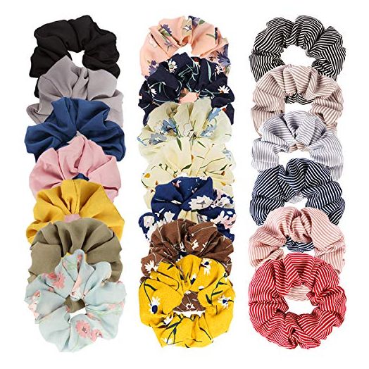 20 Pcs Floral Plaid Solid Color Scrunchies, Scrunchies for Girls with Bow, Scrunchies for Women with Chiffon, Bow Scrunchies for Women Bulk, Hair Scrunchies for Women's Hair