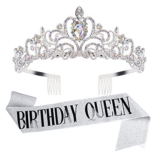 Tiara for Women Birthday, Tiara for Women AB Rhinestone, Happy Birthday Queen Tiara for Women, Birthday Crown for Girls Tiaras Birthday Queen Crowns with Birthday Girl Sash, Silver Crowns for Women