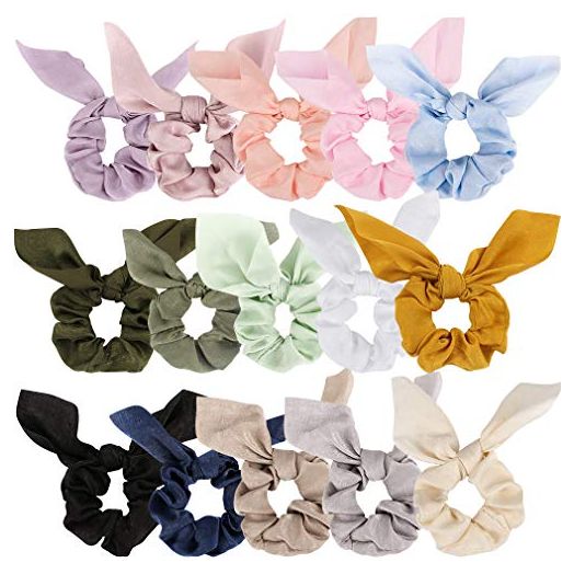 15 Pack Scrunchies Hair Ties for Women Cute Hair Scrunchies Solid Color Scrunchies with Bow Hair Ties for Girls Ribbon Bunny Ear Scrunchies Silk Scrunchies for Women's Hair Kids Girls Bow Hair Ties for Women's Hair Hair Accessories for Women Girls Kids