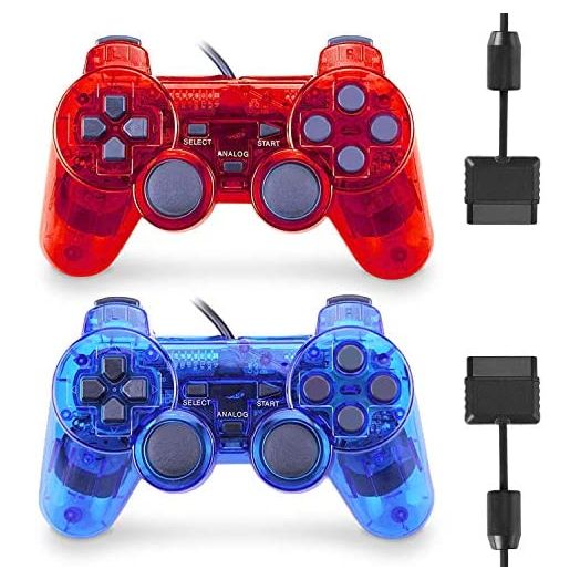 Wired Controller for PS2 Double Shock, 2 Pack Gamepad Remote Compatible with Play station 2 (Clear Red and Clear Blue)