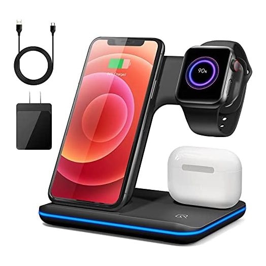 Wireless Charger, 3 in 1 Fast Charging Station for Apple Watch Series SE 6~2,AirPods,iPhone 13 12 11 Pro/X/Xr/Xs/8 Plus,Qi-Certified Phones(with QC3.0 Adapter)