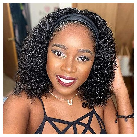 12 Inch Headband Wig Human Hair Curly Headband Wigs for Black Women 150% Density Brazilian Virgin Human Hair Headband Wig Glueless Curly Headband Wig Human Hair Natural Black Headband Wig Mengkai
