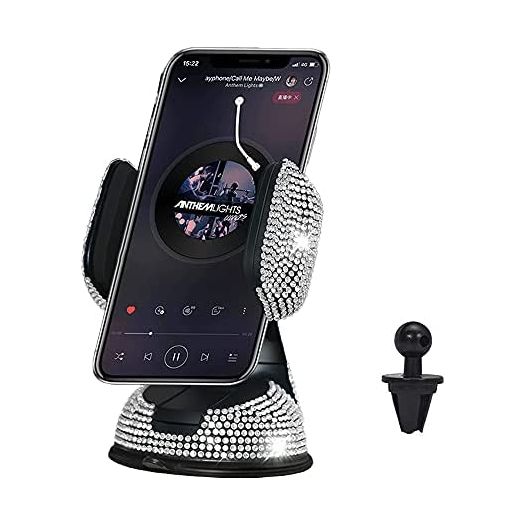 Bling Car Phone Holder, LYCARESUN 360°[Adjustable & Stable] Crystal Universal Phone Mount for Car, Windshield Dashboard Air Vent Car Stand Phone Holder, Mini Car Accessories for Women and Girl (white)