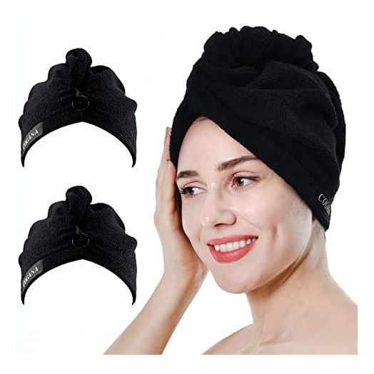 COGANA 2Pack Microfiber Hair Towels, Hair Towel Wrap for Women, Hair Drying Towel with Button, Hair Wrap Towel for Curly Hair, Hair Turban for Wet Hair(10Wx28L, Black)