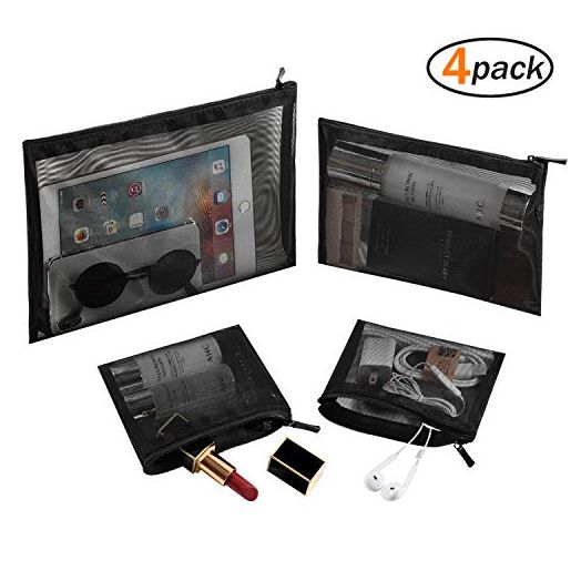 Mesh Pouch, Make up Bag with Zipper Cosmetic Organizer Pouch for Daily or Travel to Keep Small Items, 4 PCS Black