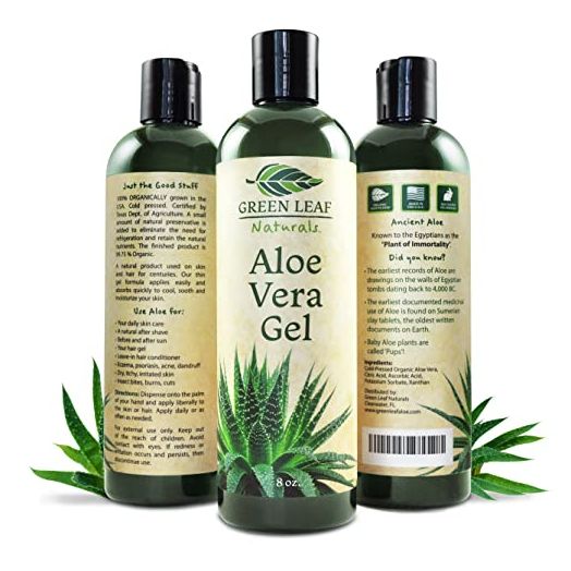 Organic Aloe Vera Gel for Natural Skin Care | 100 % Pure Aloe Vera | Thin Aloe Gel for Skin, Face, Hair, Daily Moisturizer, Aftershave lotion, Sunburn Relief - 8 Ounce, By Green Leaf Naturals