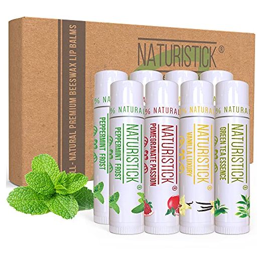 8-Pack Lip Balm Gift Set by Naturistick. Assorted Flavors. 100% Natural Ingredients. Best Beeswax Chapsticks for Dry, Chapped Lips. Made in USA for Men, Women and Children