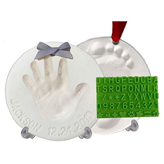 Baby Handprint Footprint Keepsake Ornament Kit (Makes 2) - Bonus Stencil for Personalized Christmas, Newborn, New Mom & Shower Gifts. 2 Easels! Non-Toxic Clay, Air-Dries Light & Soft, Won't Crack.