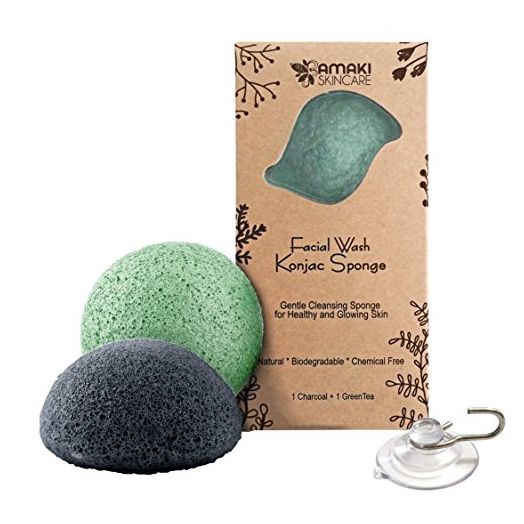 AMAKI SKINCARE Konjac Sponge Facial Cleanser with Added Green Tea and Activated Bamboo Charcoal-Sensitive to Oily and Acne Prone Skin Gentle Face Scrub, Face Sponges for Cleansing and Exfoliating