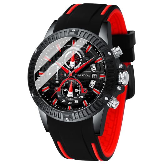 MF MINI FOCUS Men Watch, Chronograph Waterproof Sport Analog Quartz Watches Red Silicon Strap Fashion Wristwatch for Men