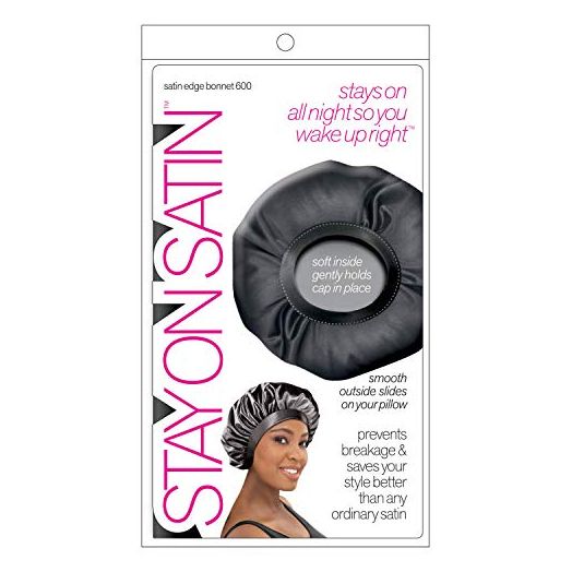 Stay On Satin Edge Bonnet Womens Hair Wrap for Sleeping, Black
