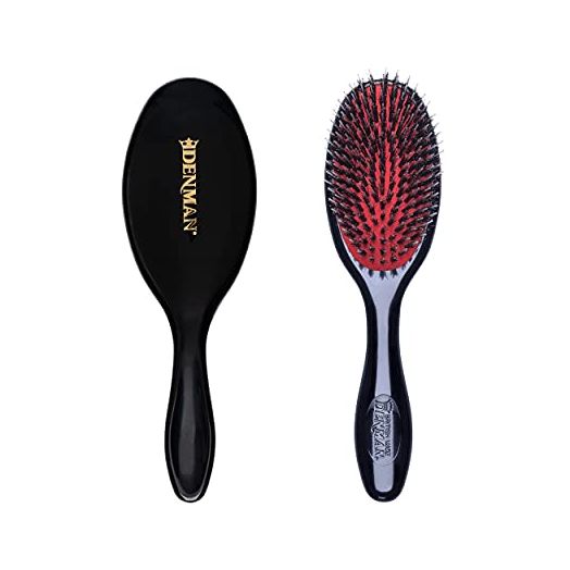 Denman D81S Small Hair Brush with Soft Nylon Quill Boar Bristles - Porcupine Style Cushion Brush for Grooming, Detangling, Straightening, Blowdrying and Refreshing Hair – Black