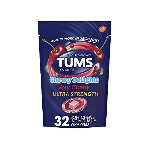 TUMS Chewy Delights Ultra Strength Antacid Soft Chews for Chewable Heartburn Relief and Acid Indigestion Relief, Very Cherry - 32 Count