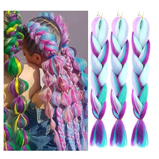 Jumbo Braiding Hair Fiber Mix Four Silky Colorful Twist Braiding Hair 3pcs Rainbow Colors Extensions Kanekalon Synthetic Hair Blue-Light Purple-Pink Synthetic Fiber Soft Healthy (24 Inch 3pcs)