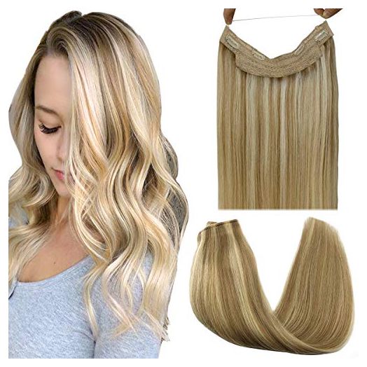 GOO GOO Hair Extensions Human Hair Light Blonde Highlighted Golden Blonde 16 Inch 95g Wire Hair Extensions Secret Real Extensions with Line Invisible Hairpiece