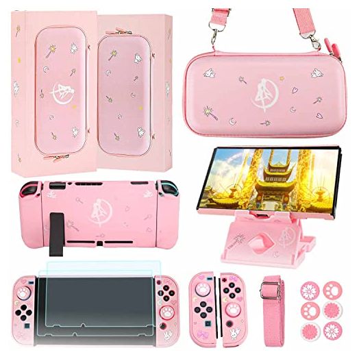 GUTIAL Accessories Kit for Nintendo Switch - Pink Accessories Bundle Girly Style Pack for girls with Case, Screen Protector, Stand, Thumb Grips