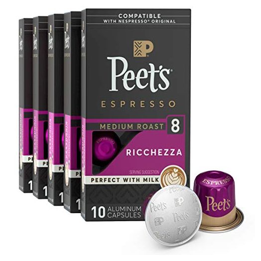 Peet's Coffee Espresso Capsules Ricchezza, Intensity 8, 50 Count Single Cup Coffee Pods Compatible with Nespresso Original Brewers
