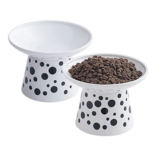 Extra Wide Ceramic Raised Cat Bowl, Elevated Pet Feeder Bowls,Food & Water Dish for Small Dogs, 6.25 Inch,Stress Free Protect Cat's Spine, Prevent Whisker Fatigue, Sturdy and Anti-Fall(Black Dot)