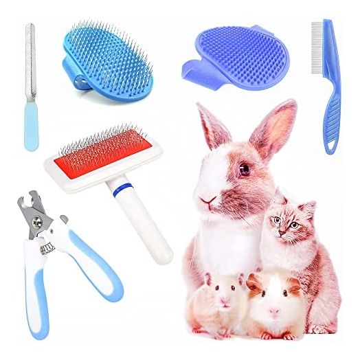 6-Piece Rabbit Grooming Kit with Pet Grooming Shedding Slicker Brush, Bath Massage Glove Brush, Nail Clipper, Flea Comb for Bunny, Puppy, Kitten, Guinea Pig, Hamster, Ferret, Small Animal Pets