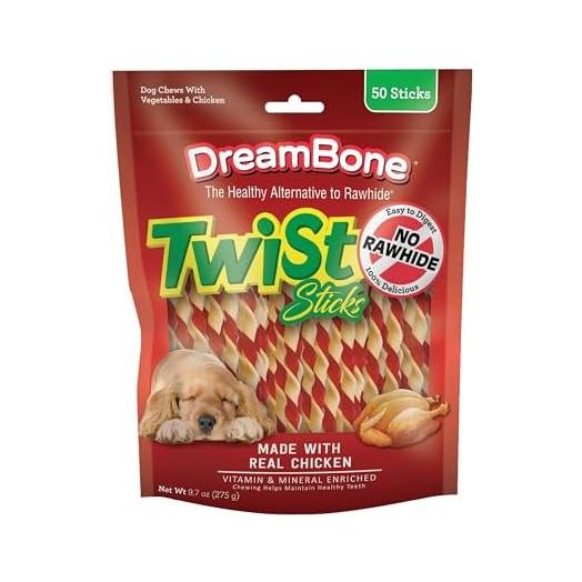 DreamBone Twist Sticks, Made With Real Chicken, Rawhide-Free Chews for Dogs, 50 Count